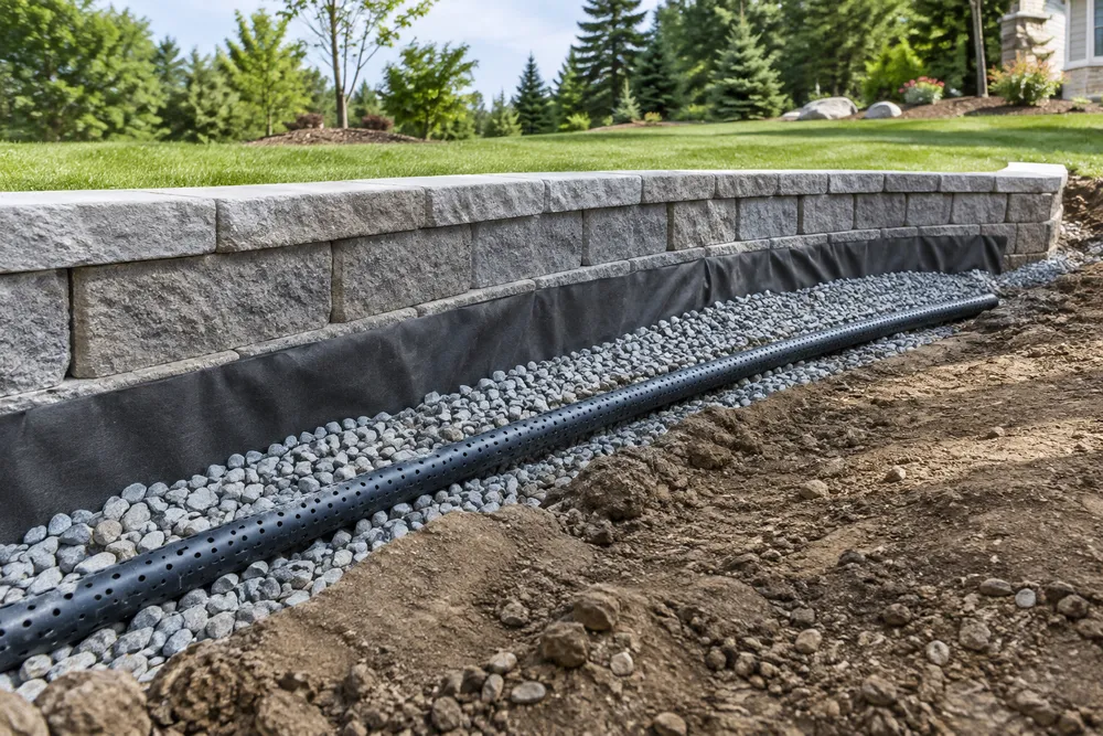 Illustrative Drainage pipe and gravel beside a retaining wall