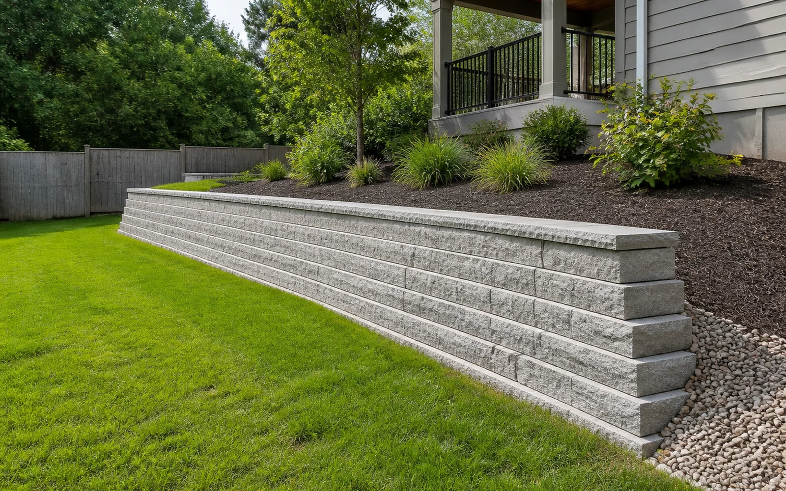 Illustrative Finished block retaining wall beside a planted slope